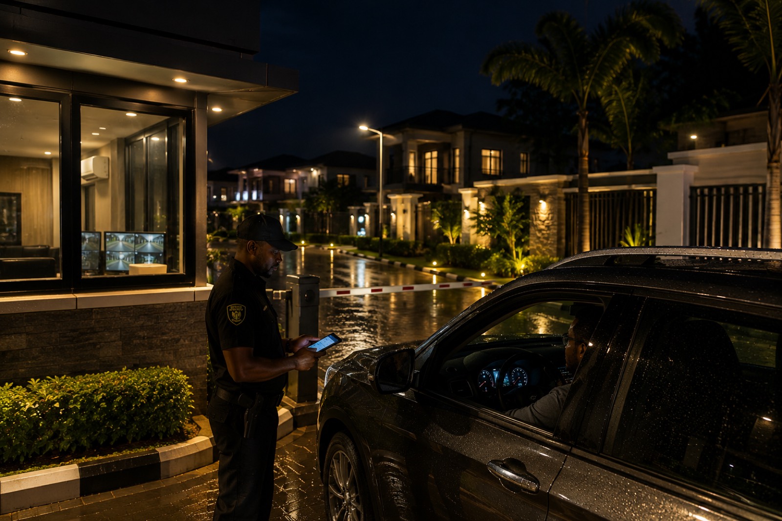 Estate gate at night